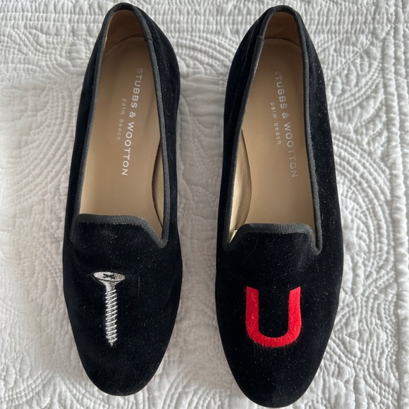 Stubbs & Wootton Screw You (College) Black Velvet Slippers Ladies 7 - Picture 3 of 10